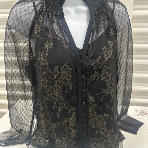 White House Black Market Black and Gold Ruffled Blouse - Picture 2 of 4